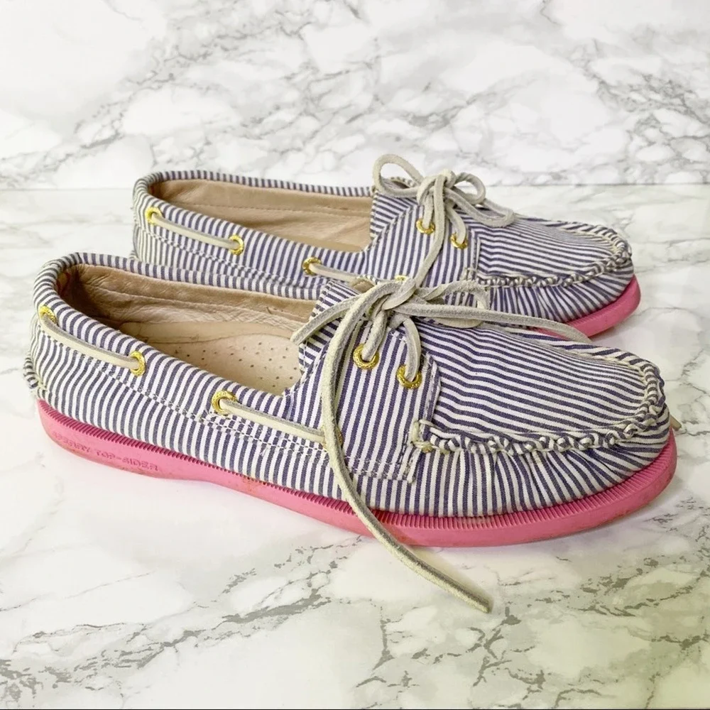 Sperry Top-Sider‎ J. Crew Boat Shoes Womens 6.5 Blue White Striped Pink Sole